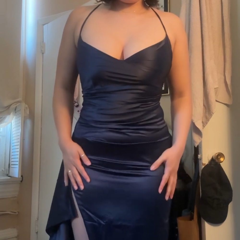 Elegant Navy Blue Satin Dress - Babyboo Helena Maxi